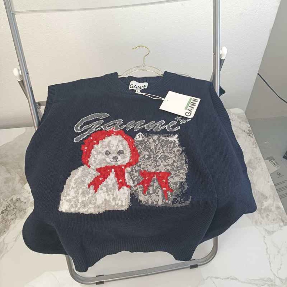 Ganni Dark Blue Knit with Snowman and Cat Design